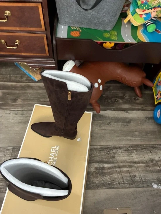 Michael Kors Dark Brown Suede Over-the-Knee Boots with Gold-Tone Zip - Picture 2 of 7